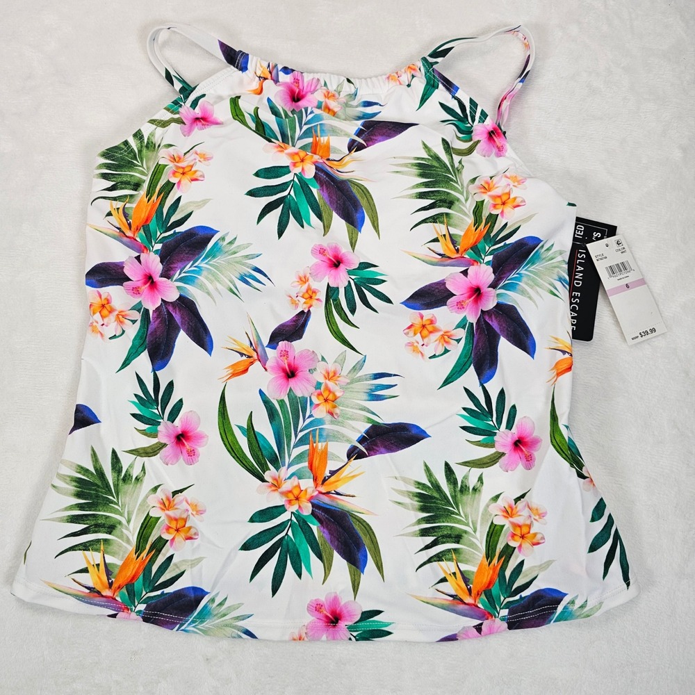 Island Escape Tankini Swim Top Womens Tropical Floral‎ Underwire M760749 White 6